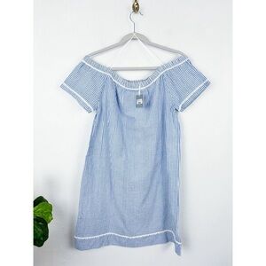 NWT Pomegranate Blue Stripe Boho Cotton Off The Shoulder Mini Dress Sz S